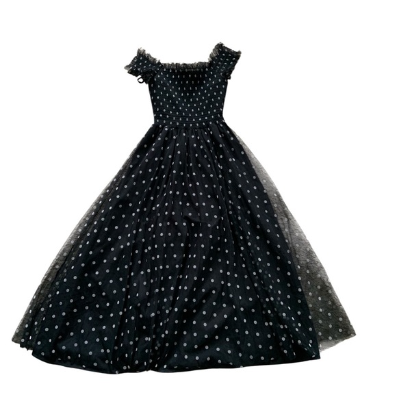 Elise - Elegant Black Polka Dot Off-Shoulder Dress - Small - Picture 4 of 14